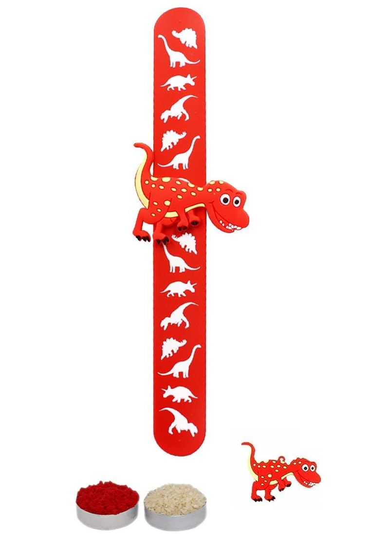 El Regalo 1PC Cute Kids Slap Band Rakhi for Little Brother or Sister- Colorful Dinosaur Fun Kids Rakhi with Roli Chawal in Rakhi Gift Box for Brother/Niece or Nephew (Red Dinosaur Slap Band Rakhi)