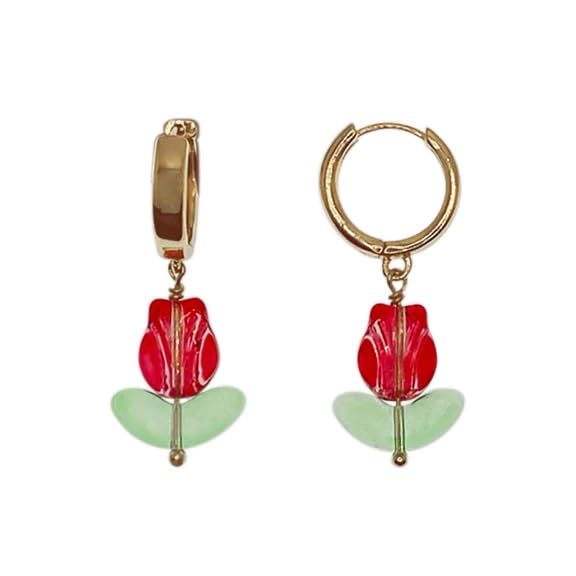 El Regalo Cute Tulip Flower Stainless Steel Hoop Earrings- Dangle Tulip Flower Bud Huggie Hoop Anti Tarnish Earrings for Girls & Women (Red Rose Bud)