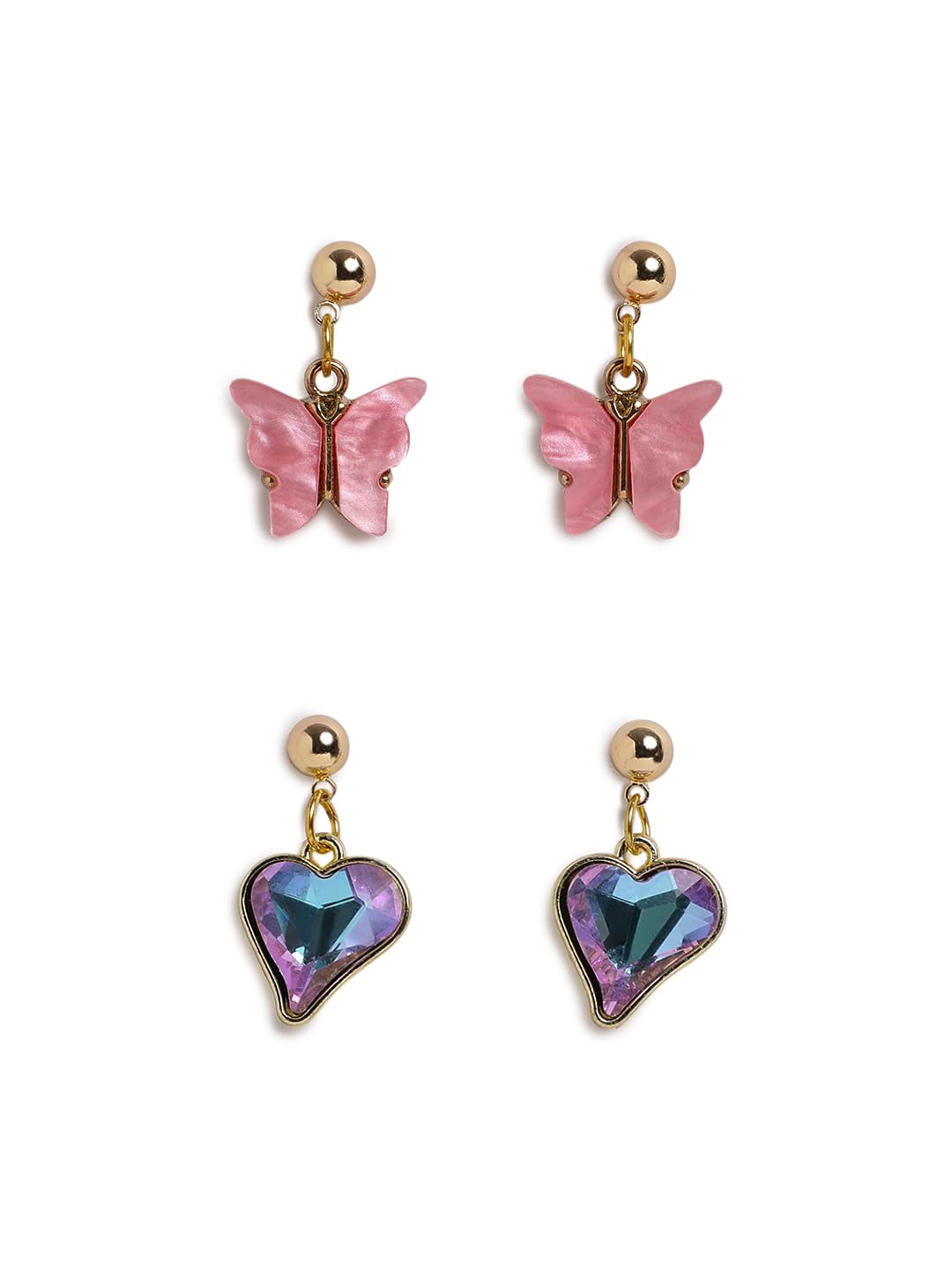 El Regalo 2Pairs Cute Heart & Butterfly Stud Earrings Combo for Girls, Teens & Women