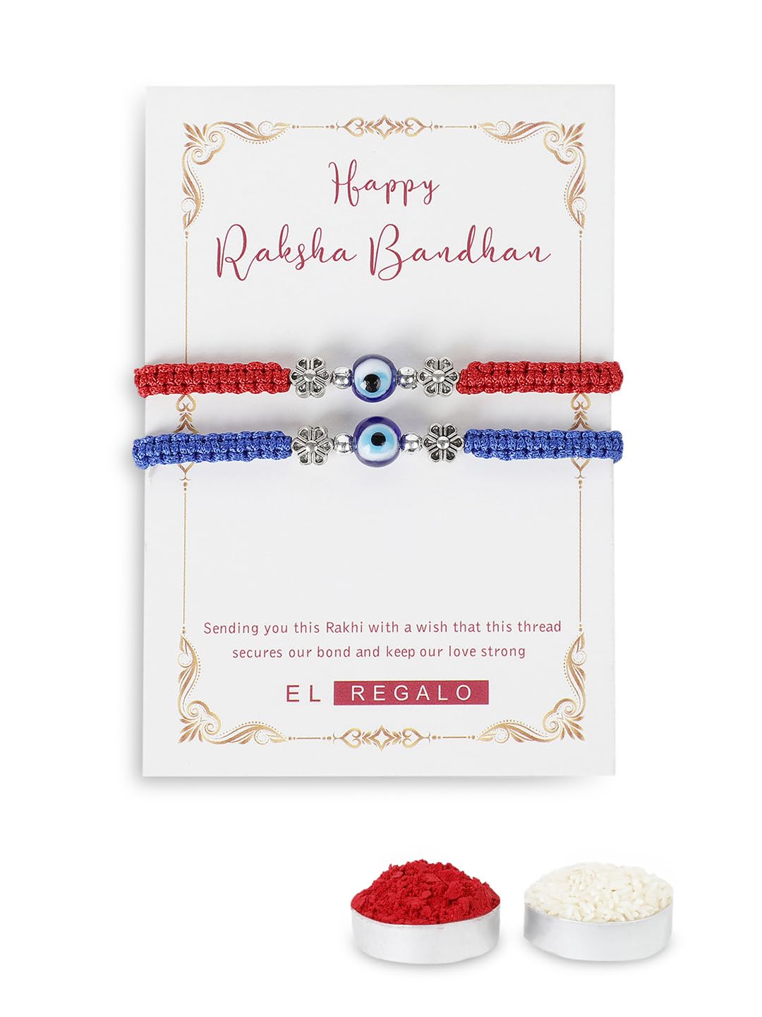 El Regalo 2PCs Cute Evil Eye Bracelet Rakhi Combo for Brothers/Bhai-Bhabhi- Fancy Evil Eye Rakhi with Roli Chawal in Rakshabandhan Gift Box (Blue & Red Flower Evil Eye)
