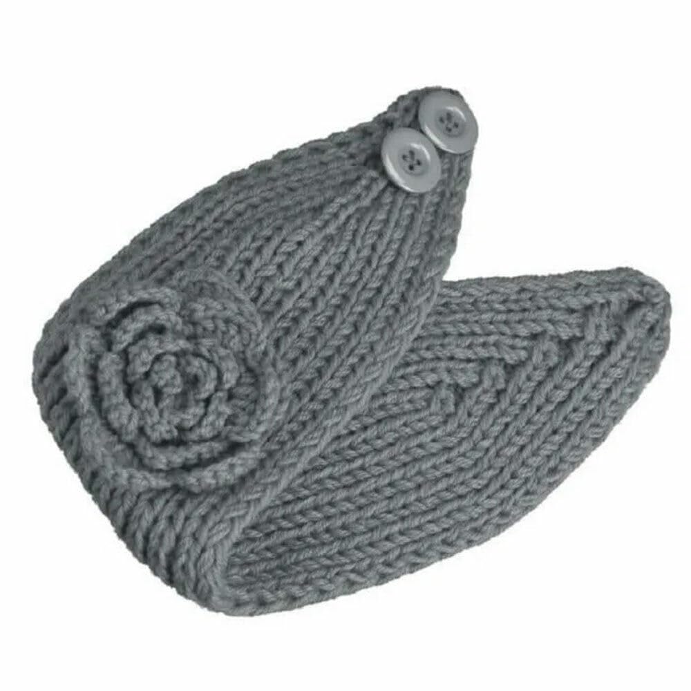 El Regalo's 1PC Winter Crochet Knitted Headwrap Headband with 3D flower & Button for Girls & Women- Ear Warmer Hair Muffs Band | Winter Designer Headbands for Teens & Women (Grey)