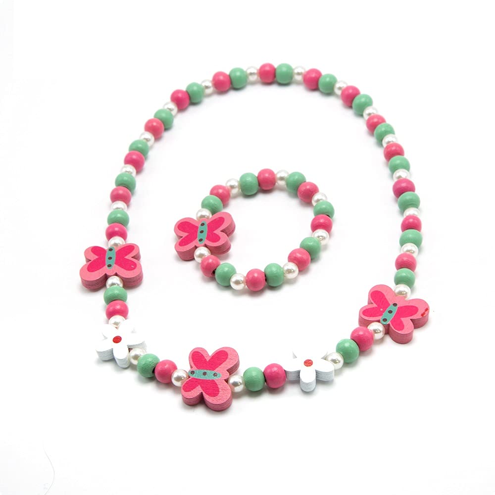 El Regalo Kids/Toddlers/Girls Wooden Beads Handmade Necklace & Bracelet Jewelry Sets (1 Necklace & 1 Bracelet): Kids Princess Jewelry Set (Butterfly Kids Jewelry Set)