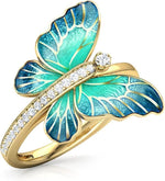 El Regalo Green-Blue Iridescent Enamel Butterfly Ring for Women & Girls - Gold Plated Adjustable Finger Ring with Sparkling CZ Accent