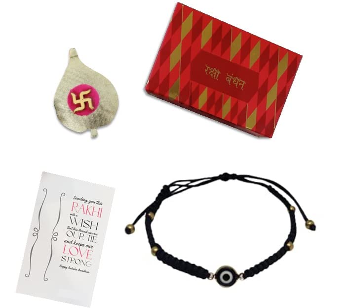 El Regalo Evil Eye Rakhi for Brother - Lucky Kabbalah Blue Turkish Evil Eye Rakhi for Bhaiya/Bhai/Brother/Nephew with shagun, Message Card in Rakhi Gift Box (Evil Eye Rakhi-Style 6)