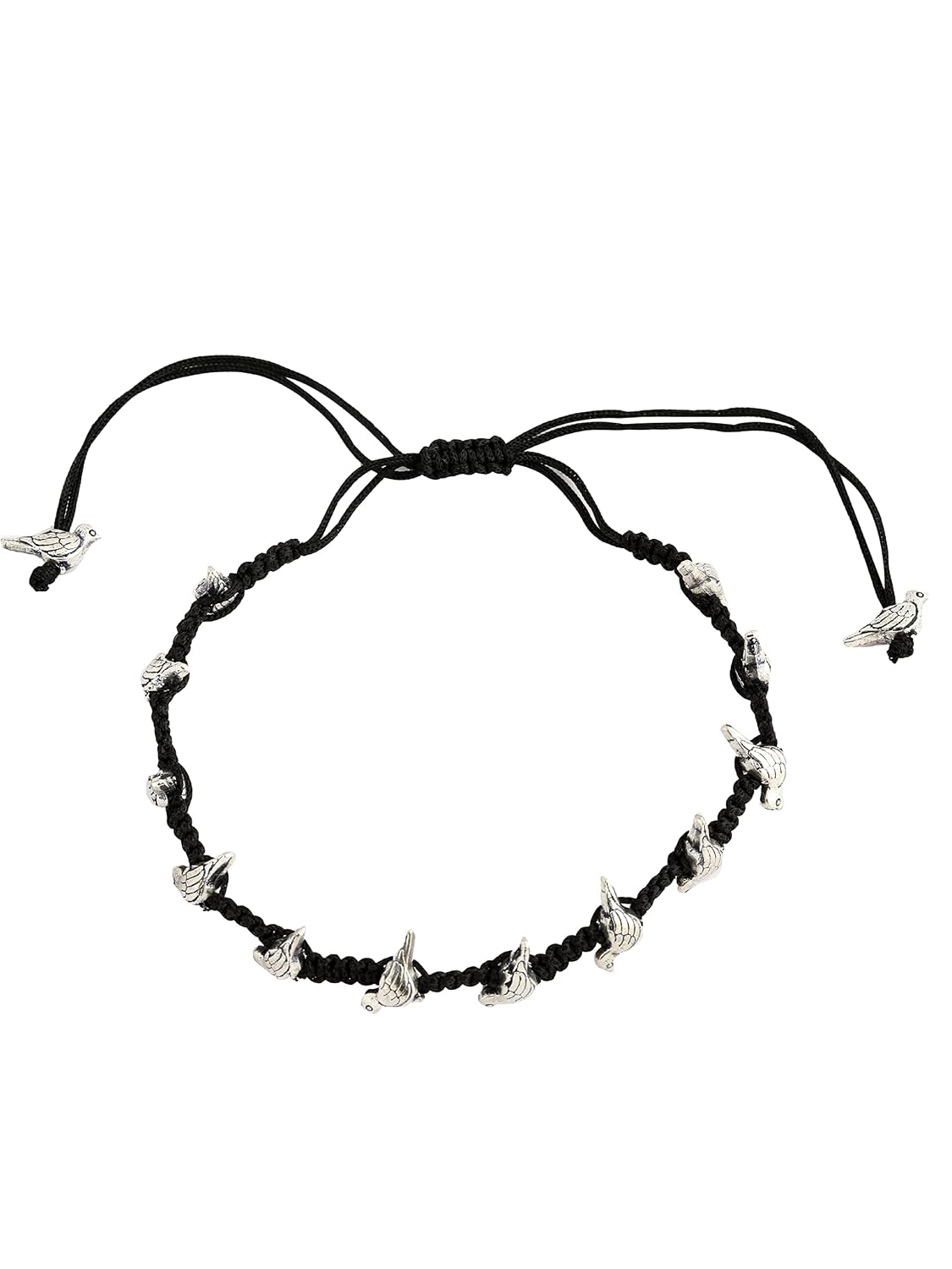 El Regalo 1 PC Boho Macrame Adjustable Oxidized German Silver Bead Nazabattu Anklet for Girls & Women- 1 Leg Bohemian Tribal Thread Anklet (Bird Nazarbattu Anklet)