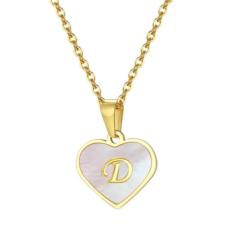 El Regalo Unisex Personalized Heart Name Initial Letters Pendant Necklaces - Stainless Steel Golden Heart Mother of Pearl Name Initials Letters Jewelry - Hypoallergenic Cursive Letters (A-Z) (D)
