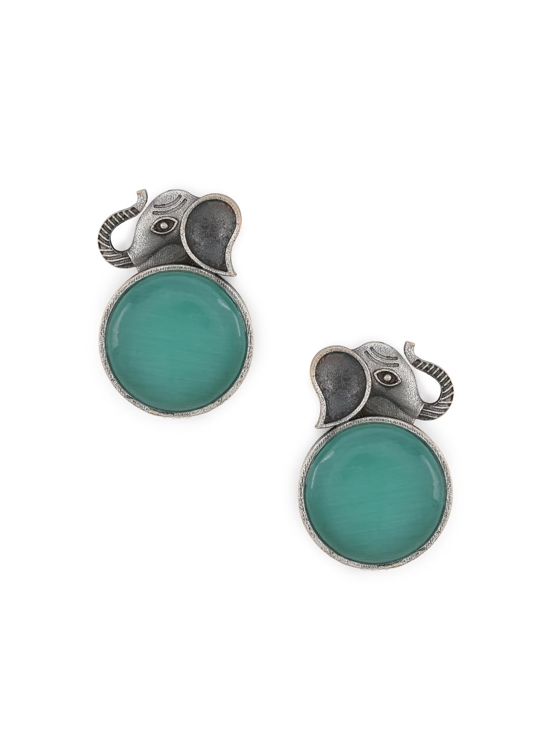 El Regalo 1Pair Oxidized German Silver Ganesha Elephant Stone Stud Earrings- Handcrafted Unique Earrings with Color Stone Options (silky Green)