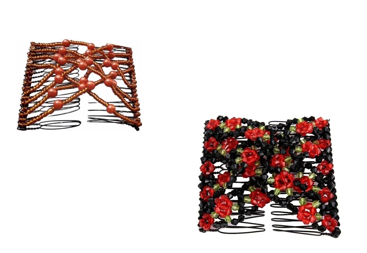 El Regalo 2PC Magic Easy Hair Combs Clips- Fancy Double Stretching Combs Clip Thick & Thin Hair Multistyling Hair Accessory For Women & Girls (Brown & Red)