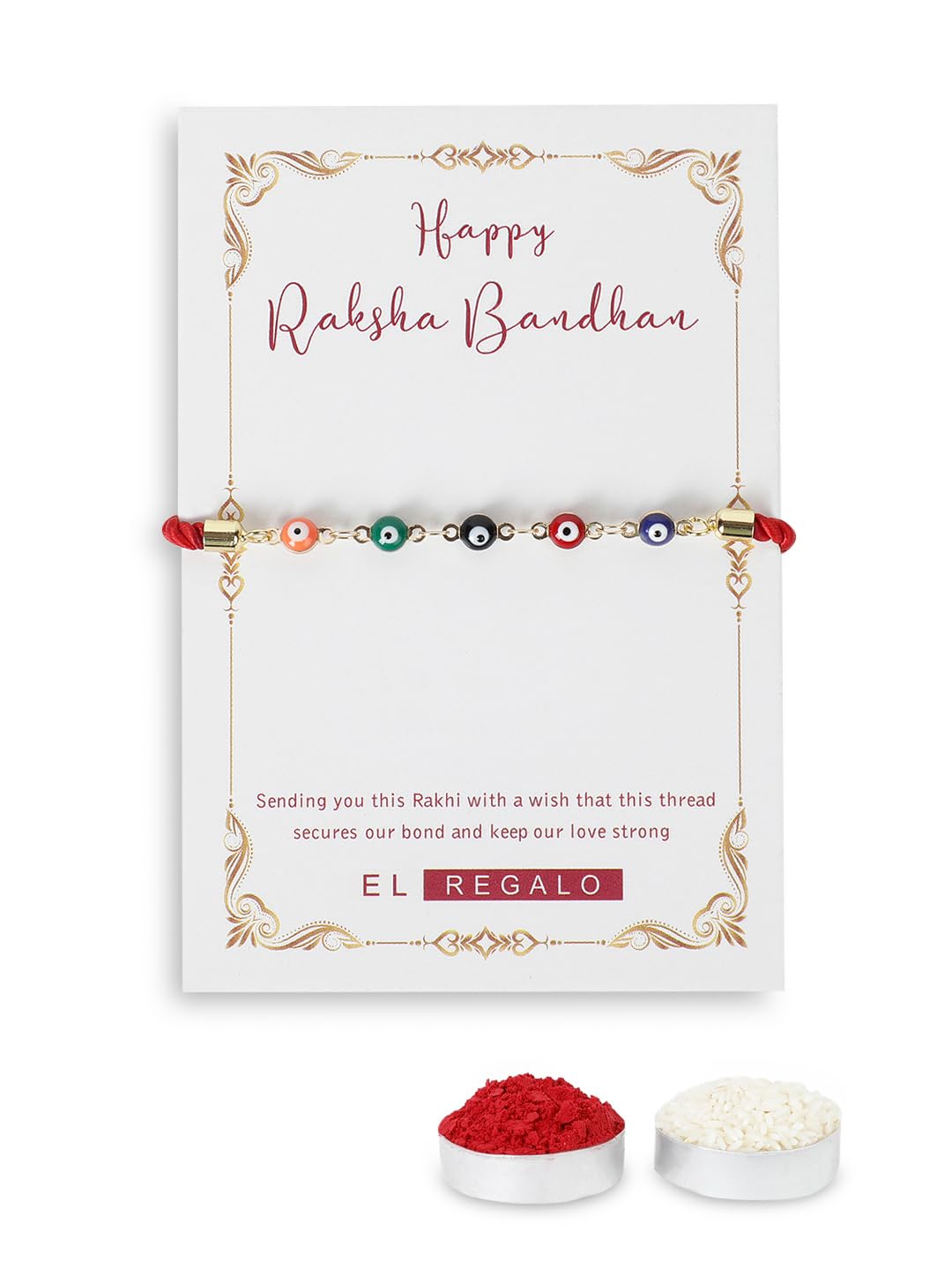 El Regalo 1PC Designer Fancy Evil Eye Rakhi for Brother/Sister-in-Law- Evil Eye Beads Adjustable Bracelet Rakhi with Roli Chawal, Rakhi Message Card in Rakhi Gift Box (Red)