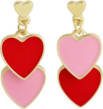 El Regalo 1 Pair Double Love Heart Drop Earrings- Valentine's Day Gift- Two Tone Oil Drop Heart Dangle Earrings for Girls & Women (Red + Pink)