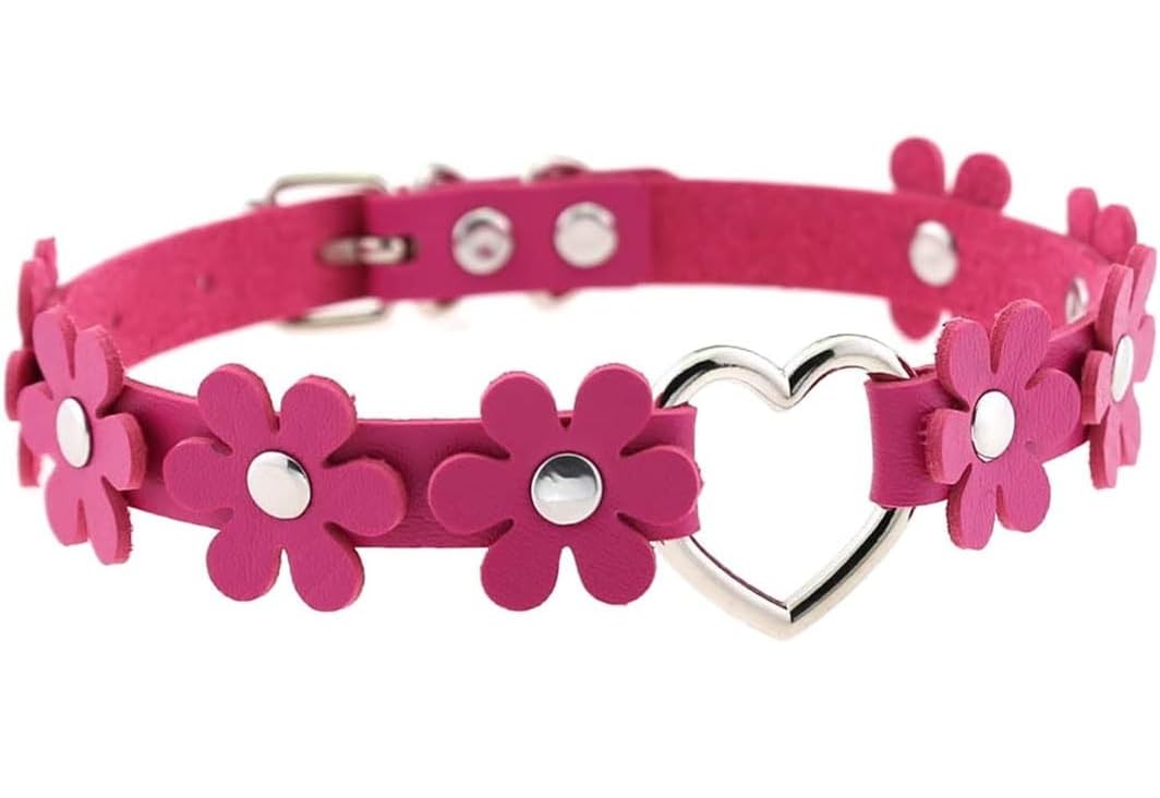 El Regalo Heart Flower Choker Necklace for Girls/Women- Gothic PU Leather Punk Choker Heart Ring Flower Necklace (Rose Pink)