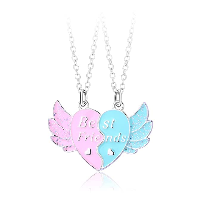 El Regalo 2 PCs Best Friend BFF Split Magnetic Matching Heart Wings Pendant Necklaces Set for Girls/Besties/Soul Sisters (BF Silver Heart Wings)