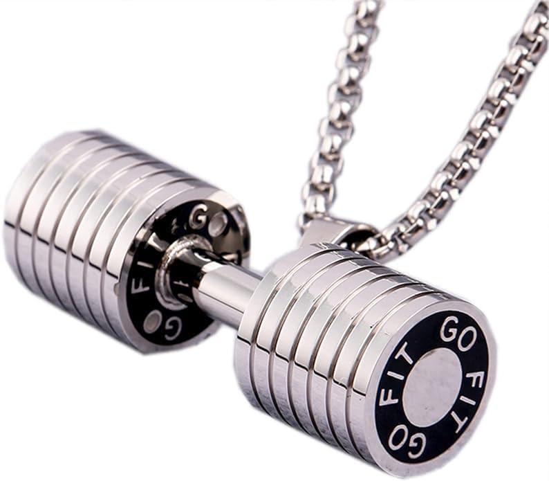 El Regalo Stainless Steel Gym Fitness Dumbbell Pendant Necklace for Boys/Men- Go Fit Motivational Fitness Sports Jewelry for Gym Lovers (Silver)
