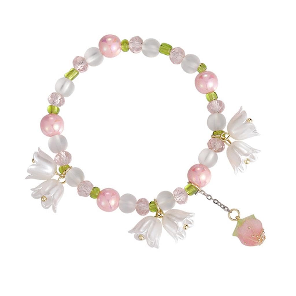 El Regalo Women's 1Pc Beautiful Lily Of The Valley Flower Tassel Beads Bracelet- Pink, Green & White Lilly Bells Pearl Vintage Bracelet