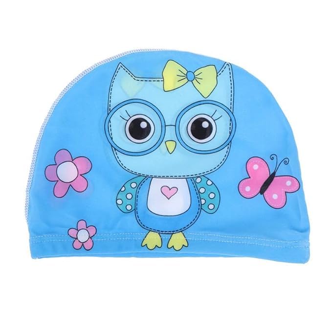 El Regalo 1PC Cute Cartoons/Animal Printed Kids/Babies Swimming Cap (1-6 Years Old) Comfortable Breathable Polyester Fabric Swimming Caps (Not Waterproof) (Blue Owl Swimming Cap)