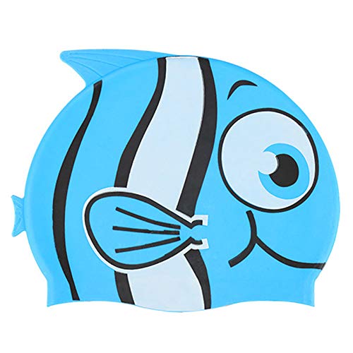 El Regalo Cartoon Fish Swimming Caps for Kids/Girls/Boys (4-16 Years Age Group)- Silicone Waterproof Stretchy Swimming Caps for Girls Boys for Long & Short Hair (Blue)