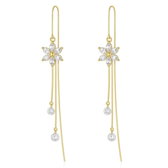 El Regalo 925 Silver Plated Flower Threader Earrings- Needle Threader Long Tassel Earrings for Girls & Women (Golden Flower)