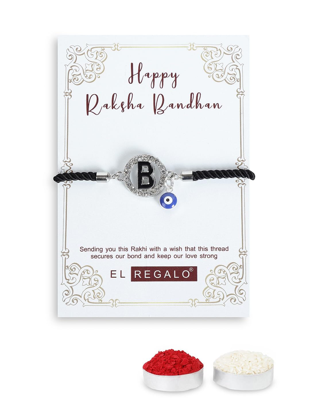 El Regalo Name Initials Evil Eye Bracelet Rakhi for Brother- Name Letter CZ Rakhi with Roli Chawal, Message Card in Rakshabandhan Box for Bhai (Black- B)
