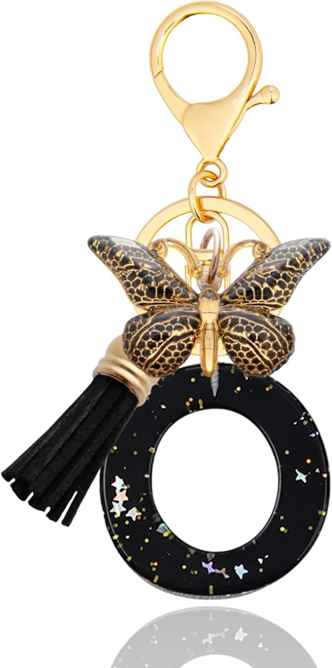 El Regalo Personalized Name Initials Butterfly Charm Keychain - Name Letter Keyring with Black & Golden Tassel & Butterfly Pendant, Purse, Bag, Backpack Accessory (O Letter)