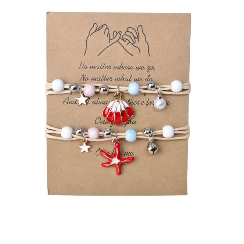El Regalo 2PCs Shell Pearl & Star Fish Charms Bracelets Set for Girls & Women- Bright & Colorful Unique Handmade Beach Theme Bracelets Set (Red)