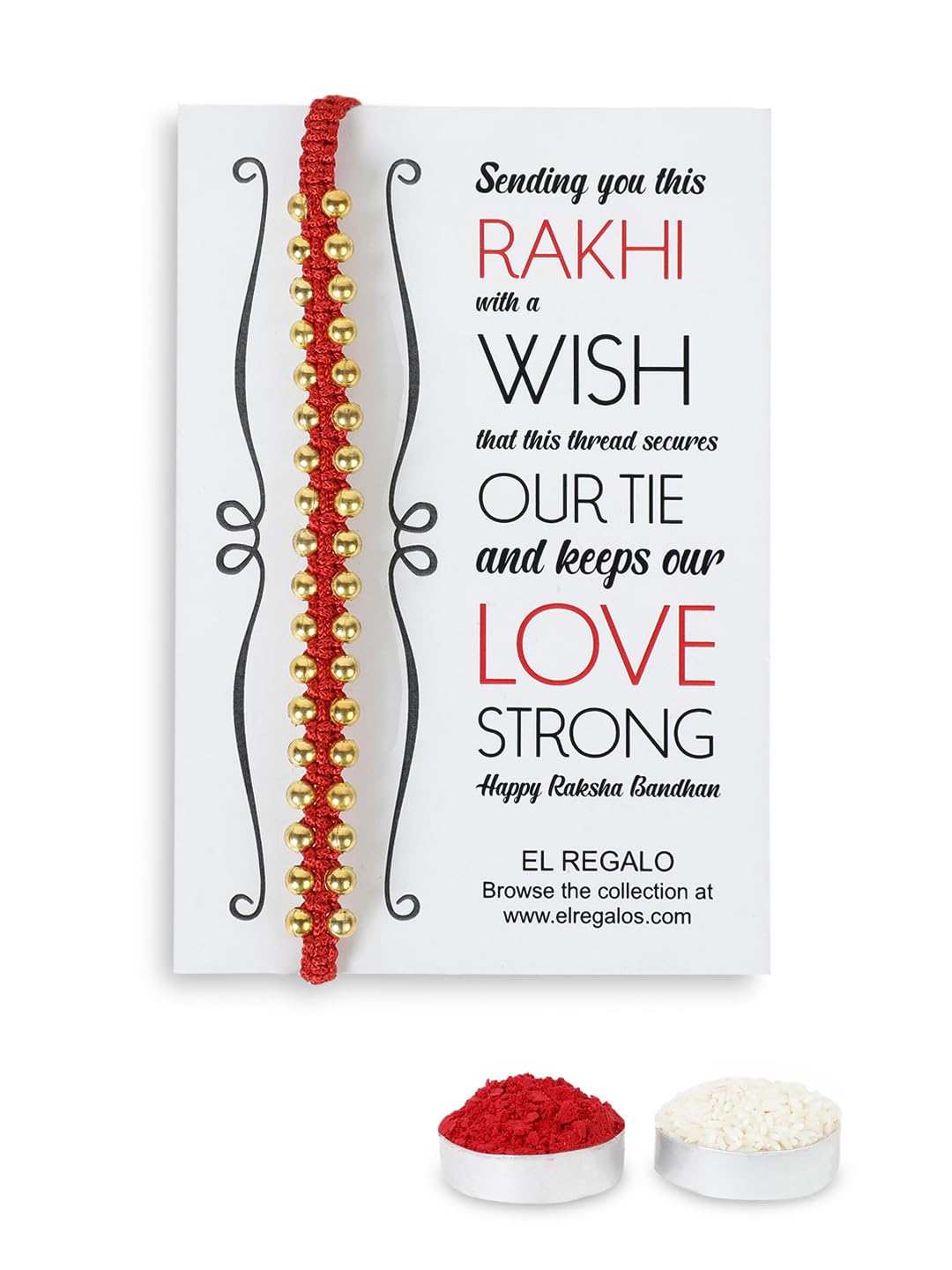 El Regalo Simple, Minimalist Beaded Bracelet Rakhi for Brother/Bhai with Roli-Chawal For Men, Rakhi Message Card in Rakhi Gift Box (Golden Red)