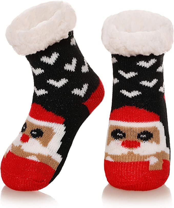 El Regalo 1 Pair Thermal Fluffy Casual Socks For Kids- Girls/Boys - Soft Warm Fleece Lining Knitting Non-Slip Winter Slipper Socks - Christmas Santa, Heart & Giraffe (Red Santa Socks, 3-6 Years)