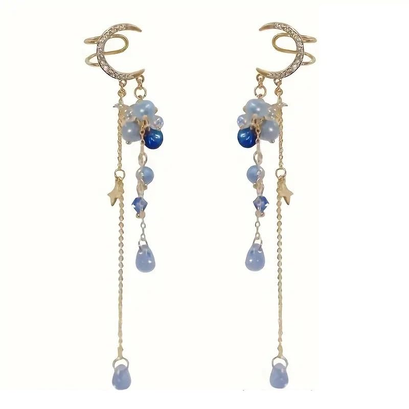 El Regalo Modern Moon Stars, Crystals, Pearls Tassel Ear Cuff Earrings for Non Pierced Ears- Trendy CZ Tassel Ear Cuffs/Clip On Earrings For Women