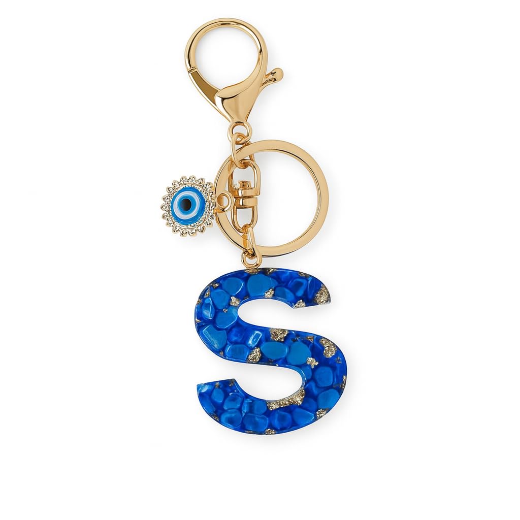 El Regalo Royal Blue Evil Eye Keychain Name Initial Letters- Alphabet Letter Keyring with Evil Eye Charm - Unisex Stylish Bag Charm, Keyring, Gift for Friends & Family (S Letter)