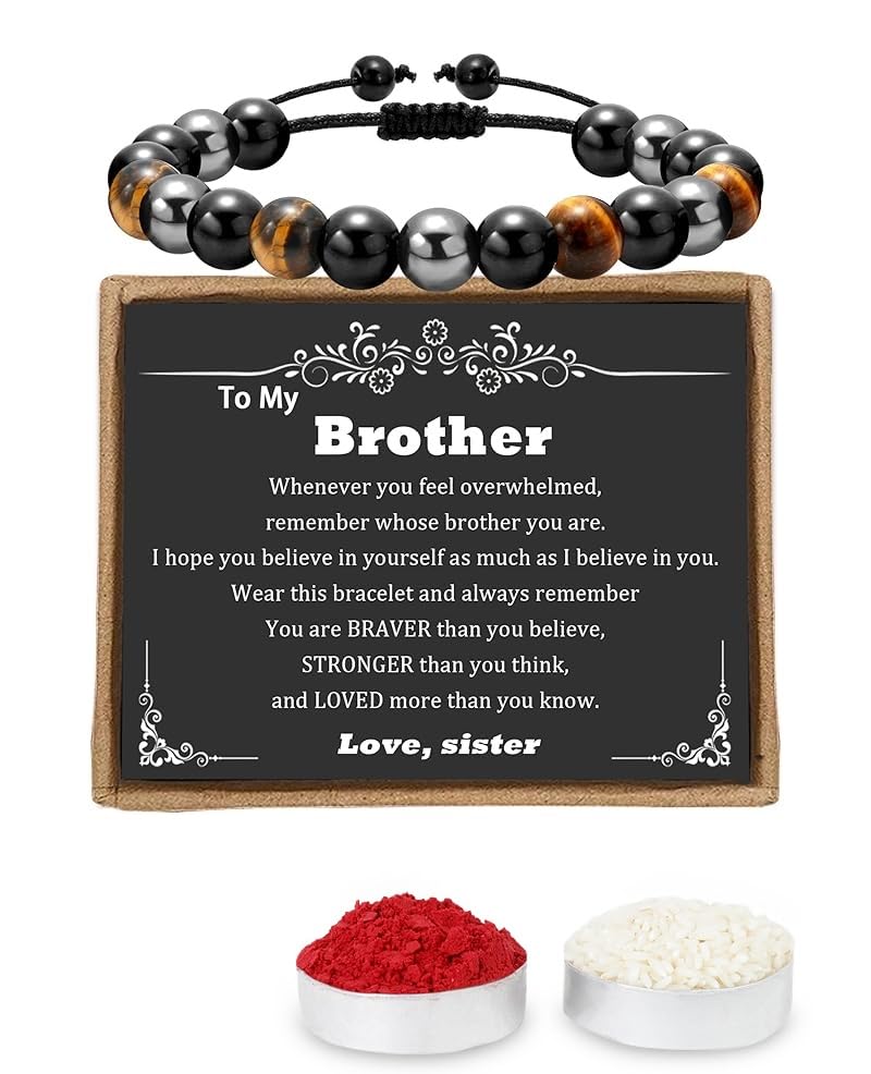 El Regalo "To My Brother Bracelet Rakhi for Bhai- Natural Beads Tripple Protection Handmade Bracelet Rakhi with Message Card, Roli Chawal in Rakhi Box