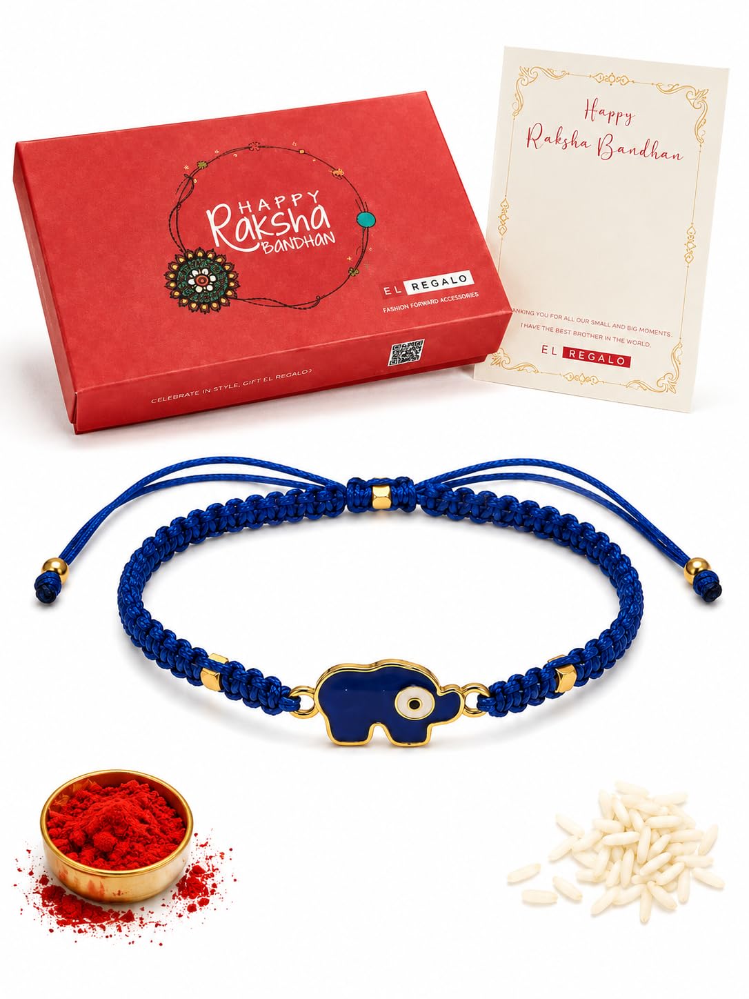 El Regalo 1PC Elephant Evil Eye Rakhi for Brother with & Message Card in Rakhi Gift Box- Rakhi for Brother/Bhabhi/Niece or Nephew (Dark Blue Elephant Rakhi)