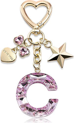 El Regalo Personalized Glitter Initial Letter Keychain for Girls & Women - Cute Pink Resin Alphabet Keyring with Heart & Star Charms - Fancy Luxury Bag Accessory & Birthday Gift (Letter C)