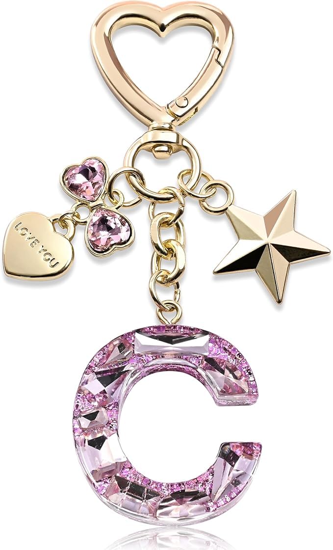 El Regalo Personalized Glitter Initial Letter Keychain for Girls & Women - Cute Pink Resin Alphabet Keyring with Heart & Star Charms - Fancy Luxury Bag Accessory & Birthday Gift (Letter C)