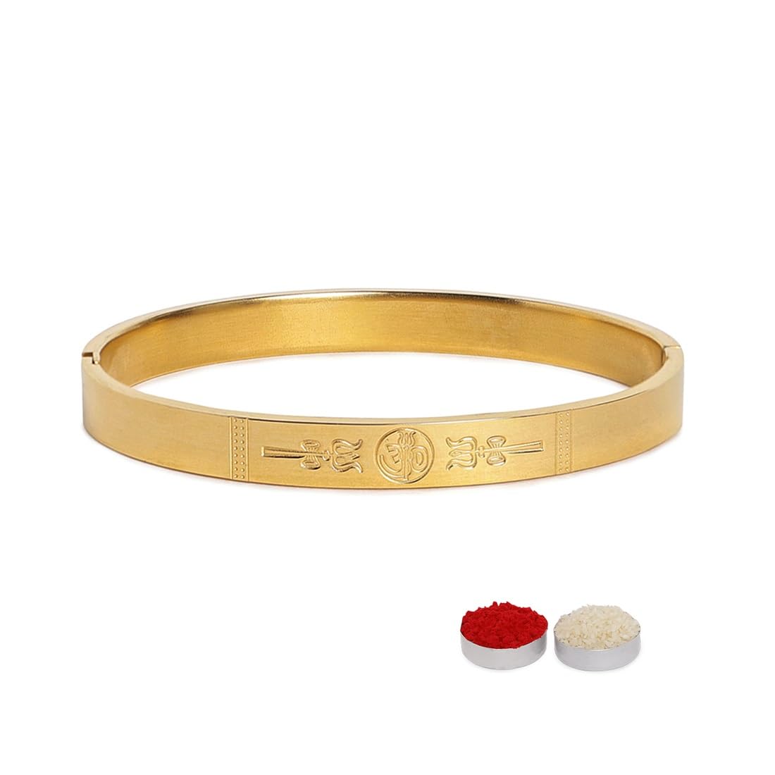 El Regalo 1 PC OM Trident Engraved Bracelet Rakhi for Brother - Designer Stainless Steel Anti Tarnish OM Rakhi with Roli Chawal, Rakhi Message Card in Rakhi Gift Box (Golden)