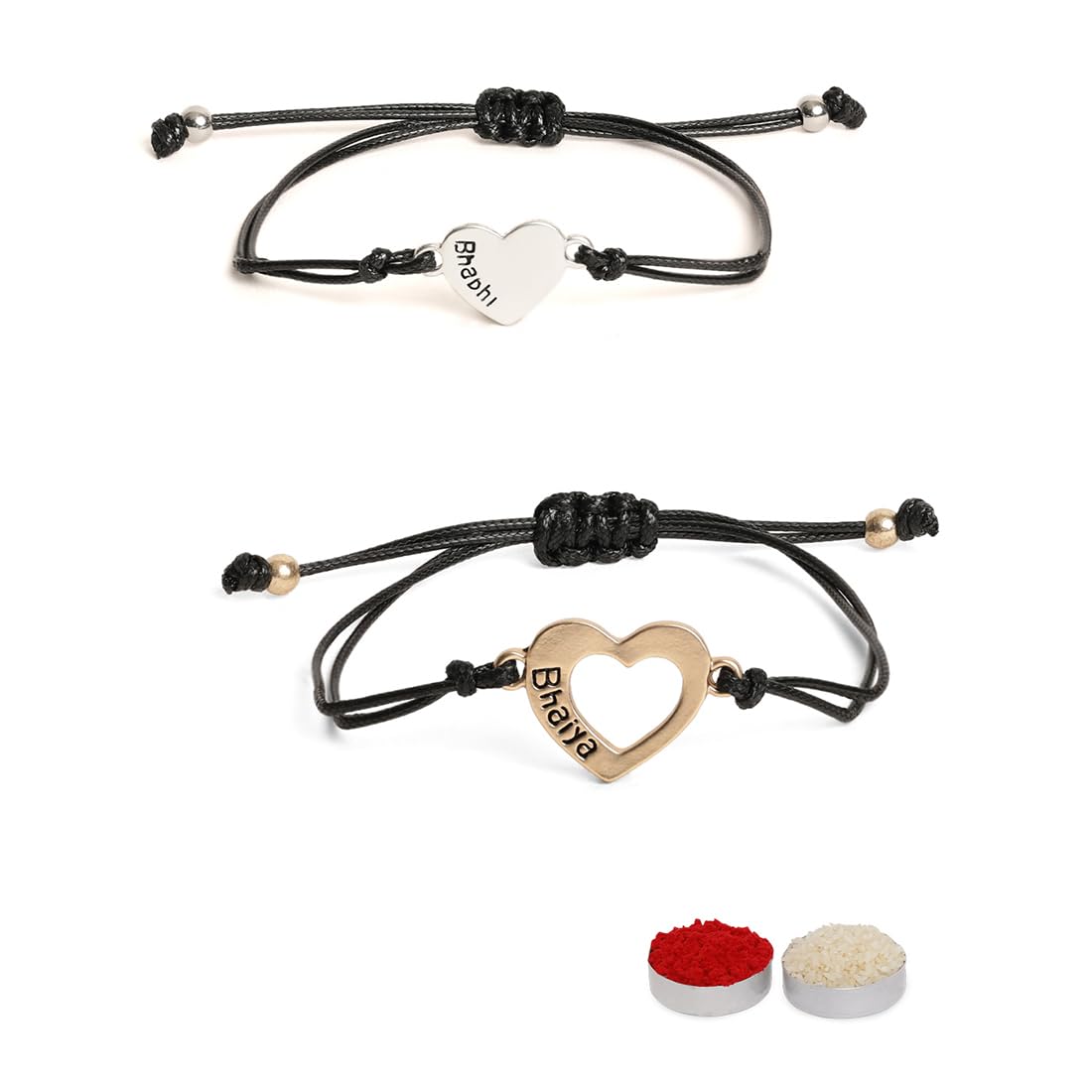 El Regalo 2PC Minimalist Matchin Hearts Bhaiya Bhabhi Rakhi Set- Bhaiya & Bhabhi Engraved Heart Rakhis with Roli-Chawal Shagun Pack, Rakhi Message Card in Rakhi Gift Box for Brother & Sister-in-law