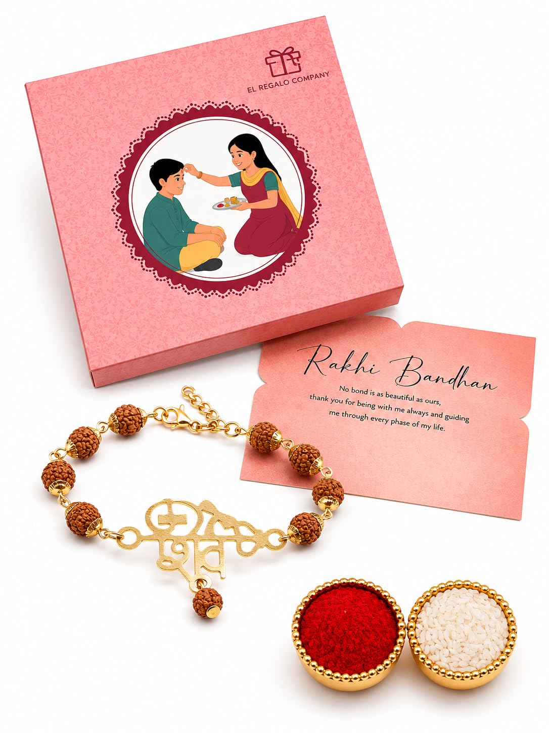 El Regalo Rudraksha Rakhi for Brother- Rudraksha Beads Rakhi Gift Box with shagun & Message Card for Bhai/Nephew (Shiva)