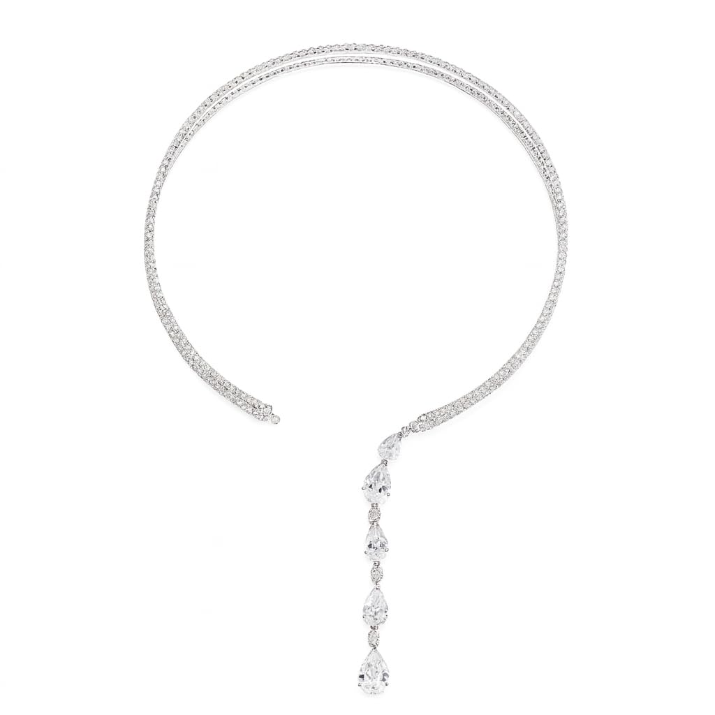 El Regalo Rhinestone Front Open Choker Necklace for Women & Girls - Double Circle Fashion Choker with Long Tassel - Luxury Adjustable AD Statement Necklace for Parties & Events