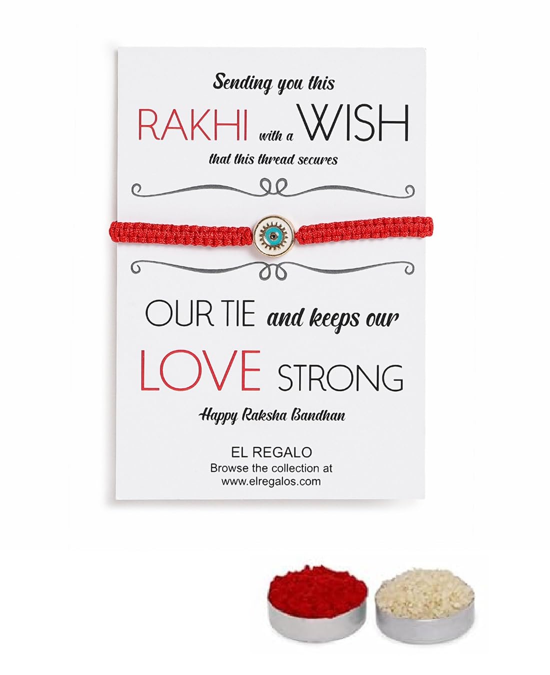 El Regalo Fancy Red Evil Eye Rakhi for Brother/Bhai- Designer Evil Eye Rakhi for Brother with Roli Chawal, Rakhi Message Card in Rakhi Gift Box (White Evil Eye)