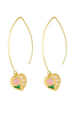 El Regalo Heart Hook Earrings for Girls & Women - Gold Drop Earrings with Pearl, Enamel Leaf & Pink Heart Charm | Cute Dangle Earrings