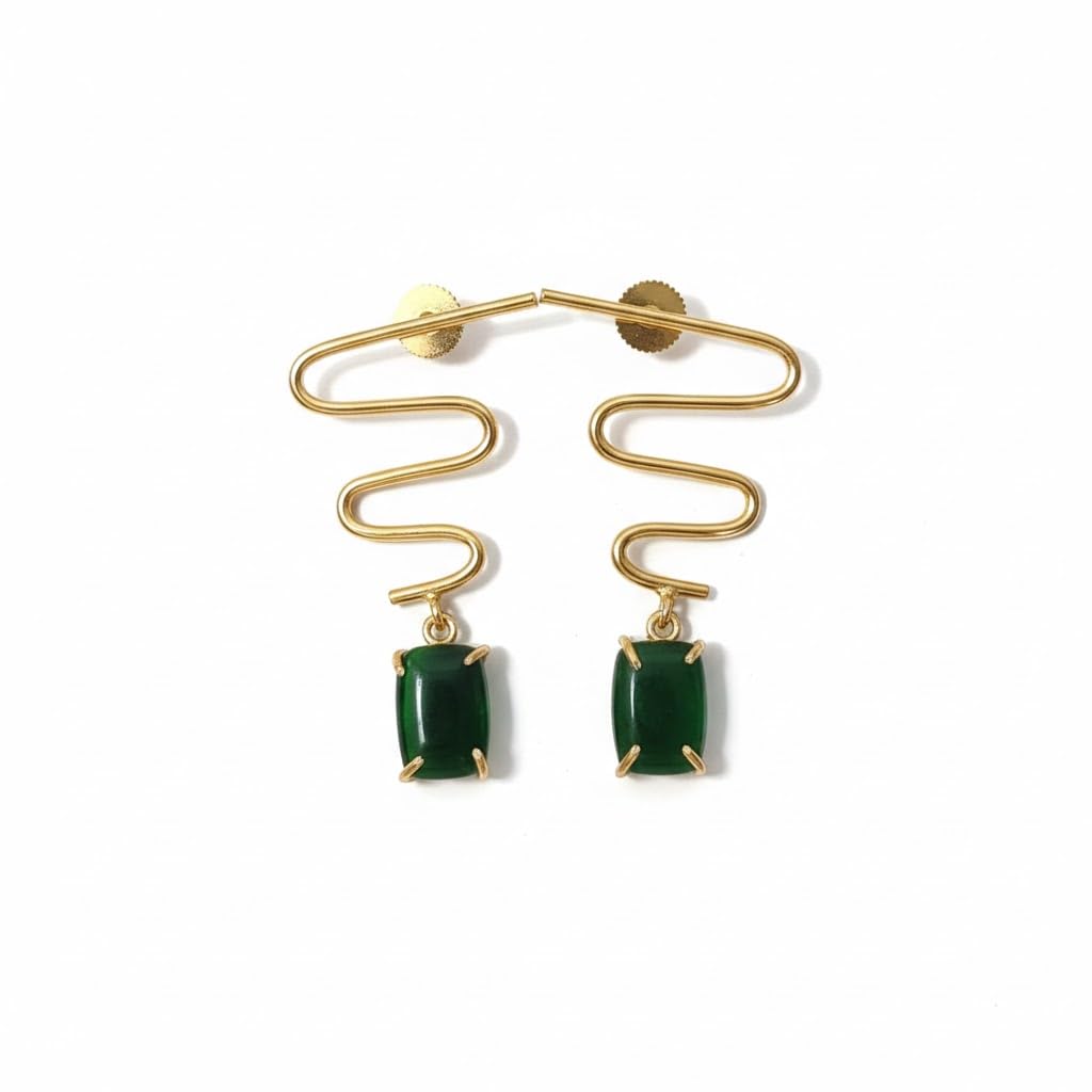 El Regalo Modern Zigzag Brass Statement Drop Earrings for Women & Girls - Contemporary Geometric Handmade Jewelry with Rectangle Stones Drops - Studs for For Western & Ethnic Wear (Emerald Green)