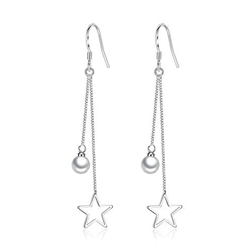 El Regalo 925 Silver Plated Minimalist Long Thin Linear CZ Elegant Threader Dangle Chain Earrings for Girls & Women (Star Pearl Tassel)