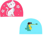 El Regalo 2 PCs Swim Cap Kids/Toddlers, Comfortable Breathable Polyester Fabric Swimming Caps Cute Cartoon Dolphin, Shark, Owl, Mermaid Fairy, Unicorn, Giraffe Swim Caps (Pink Kitty & Dinasour)