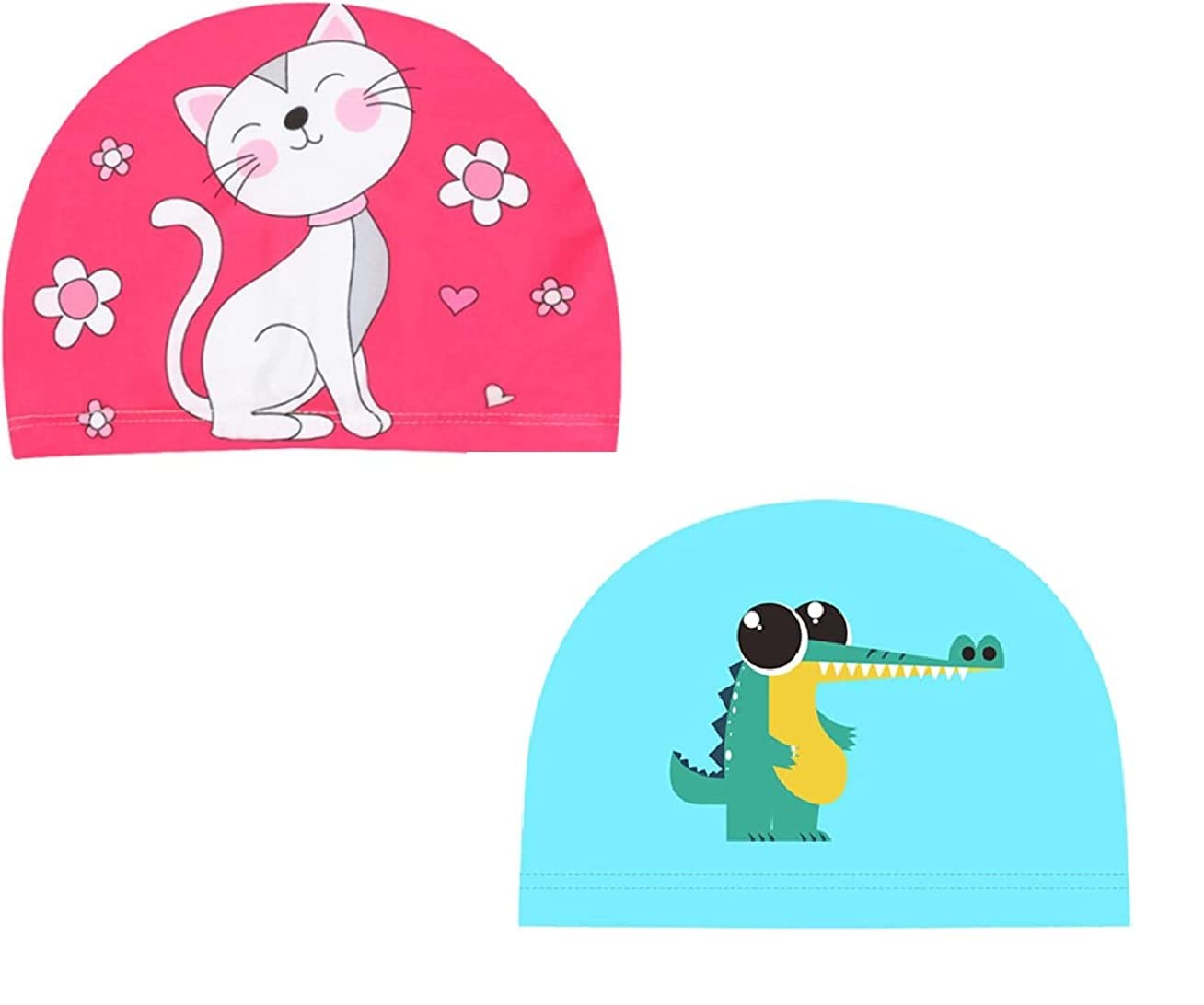 El Regalo 2 PCs Swim Cap Kids/Toddlers, Comfortable Breathable Polyester Fabric Swimming Caps Cute Cartoon Dolphin, Shark, Owl, Mermaid Fairy, Unicorn, Giraffe Swim Caps (Pink Kitty & Dinasour)