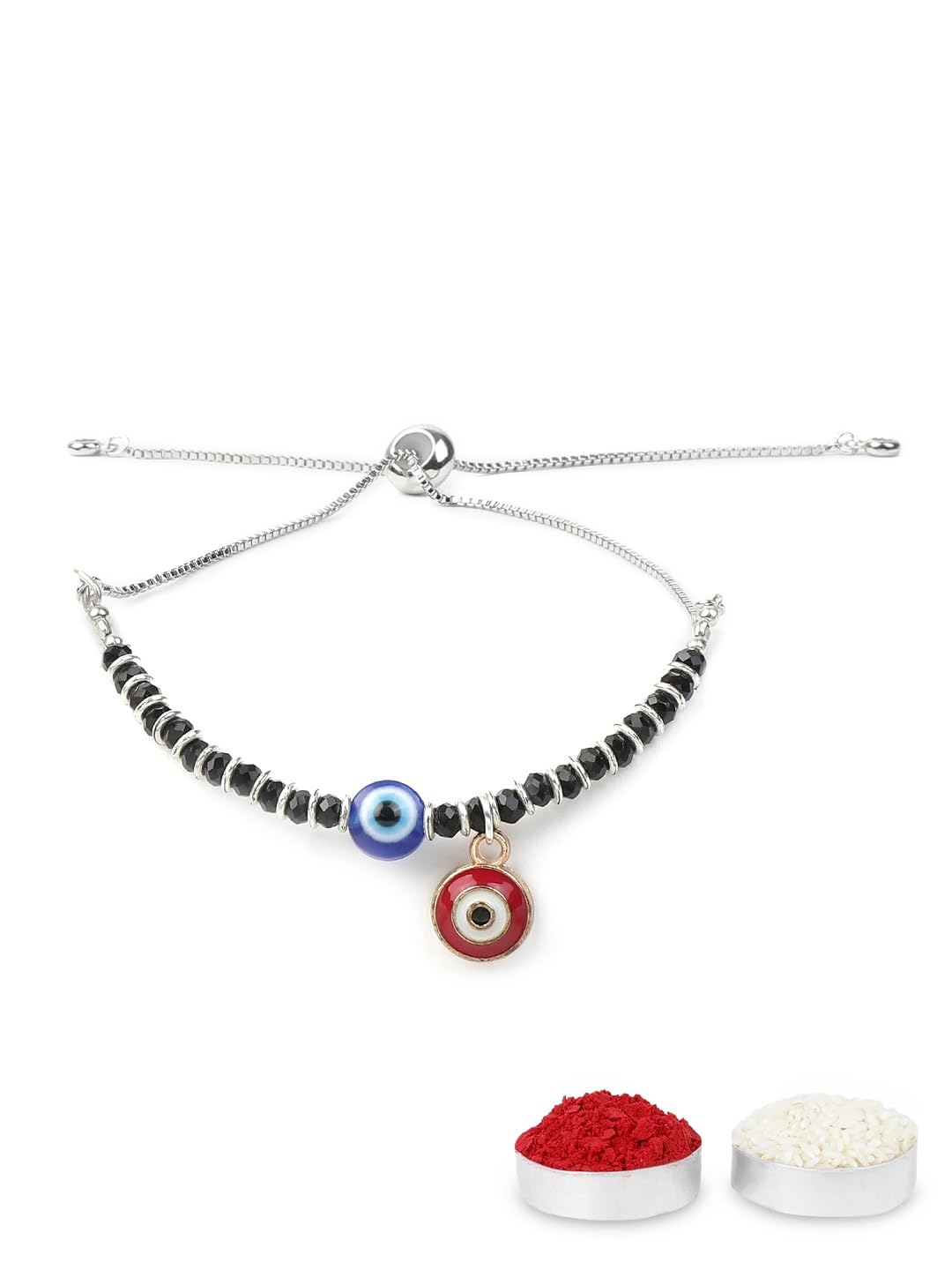 El Regalo Cute & Fancy Baby Evil Eye Nazaria Bracelet Rakhi with Roli Chawal, Rakhi Message Card in Rakhi Gift Box - Kids Evil Eye Adjustable Chain Rakhi (Red Evil Eye Nazaria Rakhi)