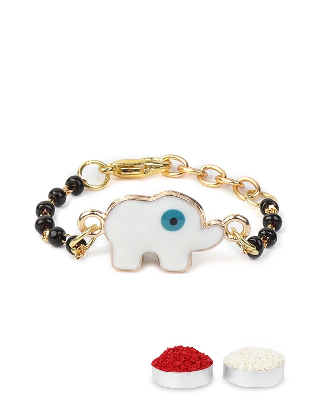El Regalo Cute Evil Eye Nazaria Bracelet Rakhi for Babies/Kids with Roli Chawal, Rakhi Message card in Rakhi Gift Box- Baby Nazaria Rakhi (White Elephant Nazaria Rakhi)