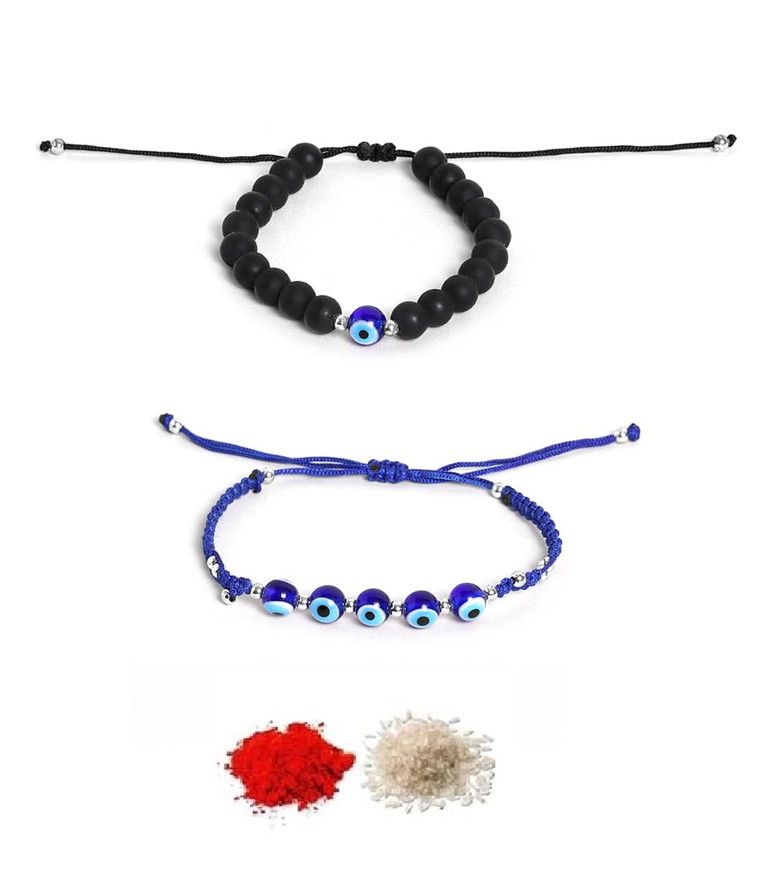 El Regalo 2PCs Evil Eye Rakhi Combo Set for Bhai-Bhabhi or Bhai-Bhatija/Bhatiji- 2 Evil Eye Rakhis with Roli Chanwal, Rakhi Card in Rakhi Gift Box (Option-11)