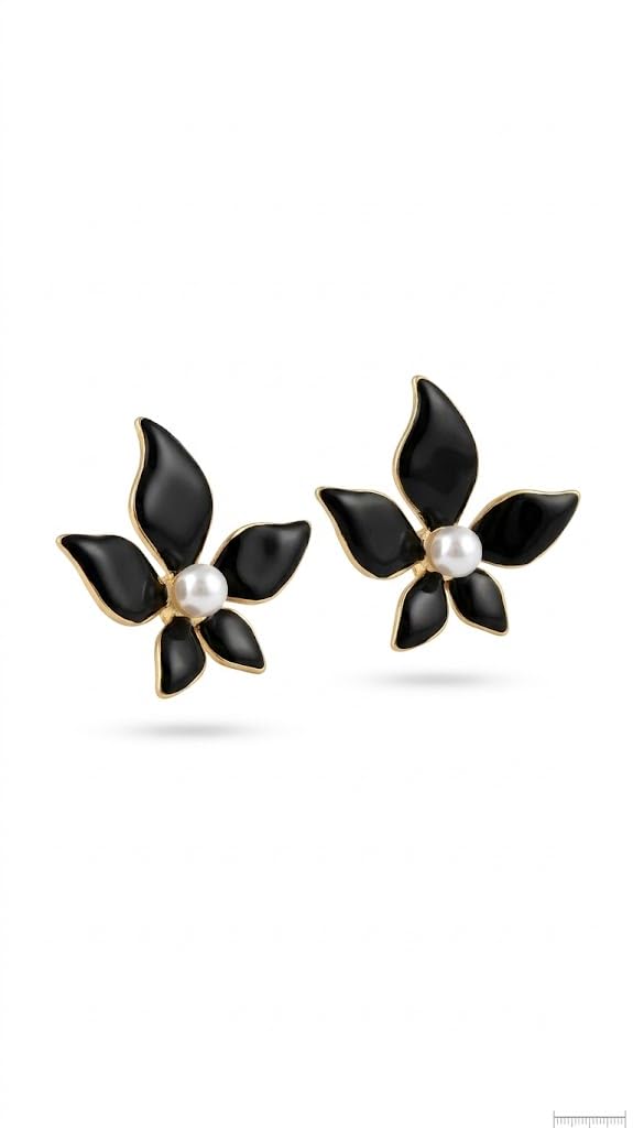 El Regalo 1Pair Stainless Steel Flower Pearl Earrings for Girls & Women | Gold Plated Retro Vintage Floral Enamel Stud Earrings | Anti-Tarnish Hypoallergenic Earrings | Cute & Elegant Studs (Black)