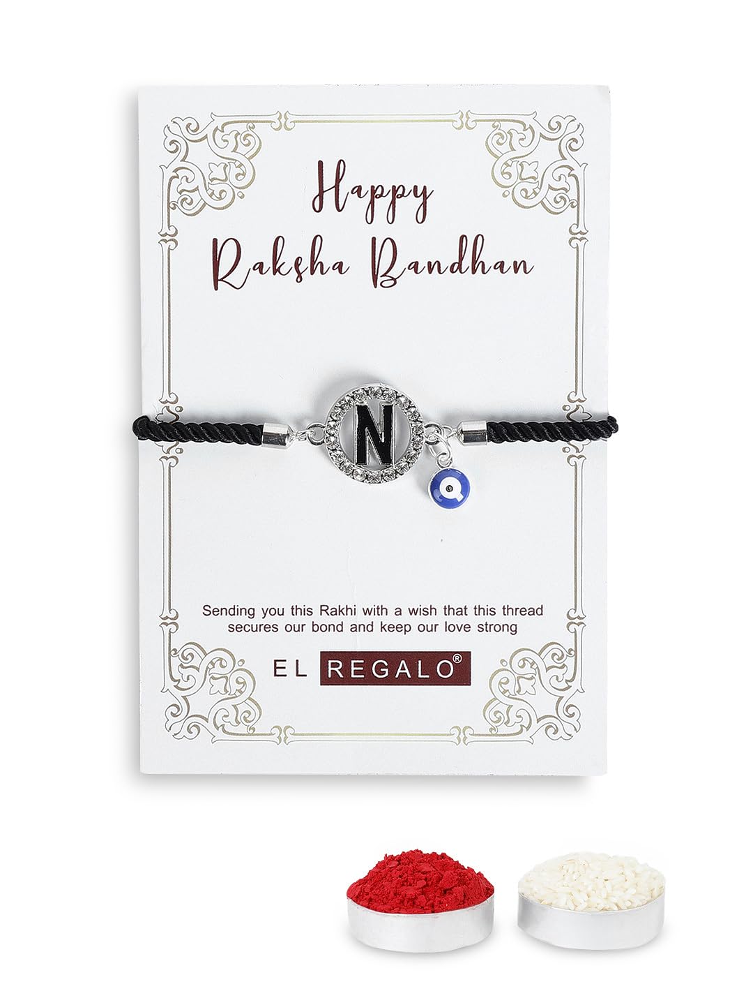 El Regalo Name Initials Evil Eye Bracelet Rakhi for Brother- Name Letter CZ Rakhi with Roli Chawal, Message Card in Rakshabandhan Box for Bhai (Black-N)