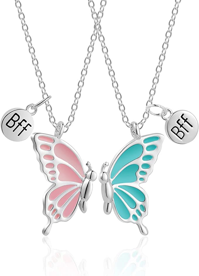 El Regalo Cute BFF Necklaces for 2, Enamel Butterfly Friendship Necklace for Teen Girls Women - Gift for Best Friends/Besties/Sisters (Silver)