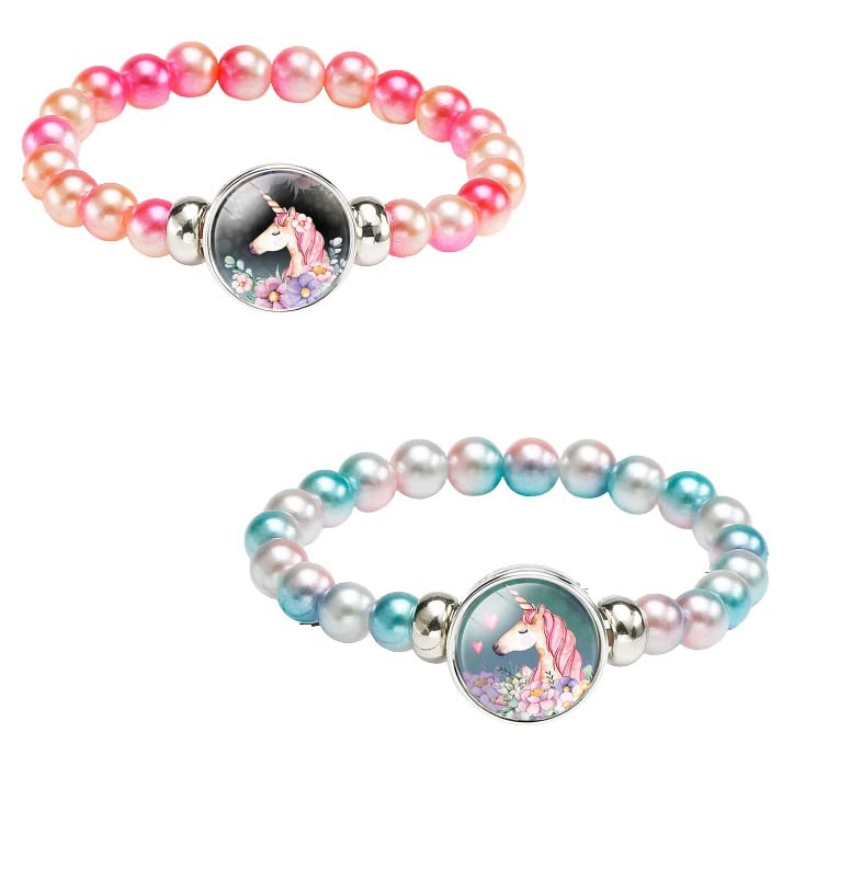 El Regalo 2 PCS Unicorn Bracelets for Girls, Rainbow Beads Bracelet Snap Holder Buttons Beaded Bubble Bracelet Pack for Kids Girls (Option-1)