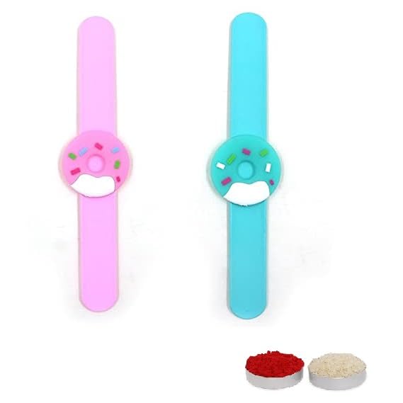 El Regalo 2 PCs Cute & Fun Kids Donut Rakhi - Silicone Donut Snap Clap Wristband Bracelet Rakhi for Brother/Sister/Niece/Nephew with Roli Chawal, Rakhi Card in Rakhi Gift Box (Option 1)